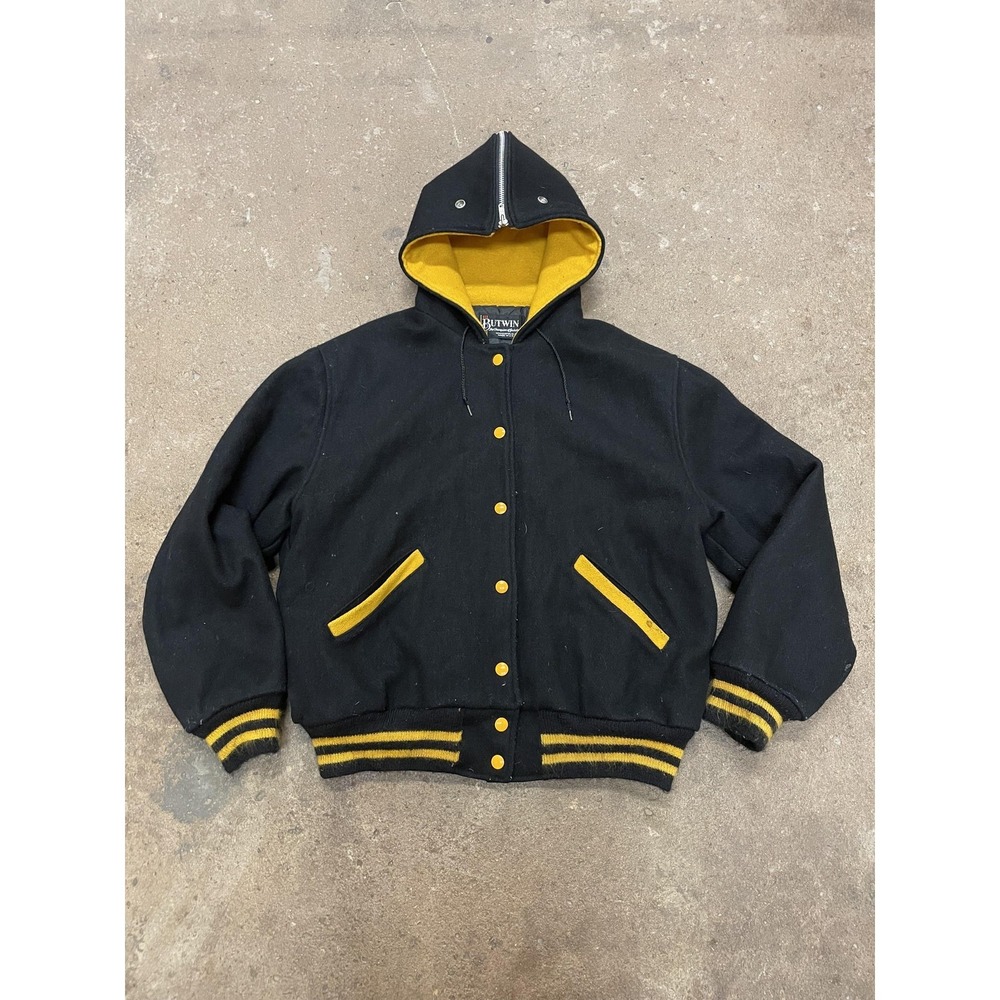 Vintage Butwin Jacket‎ Mens M/L Black Wool Varsity Letterman Hooded Made USA